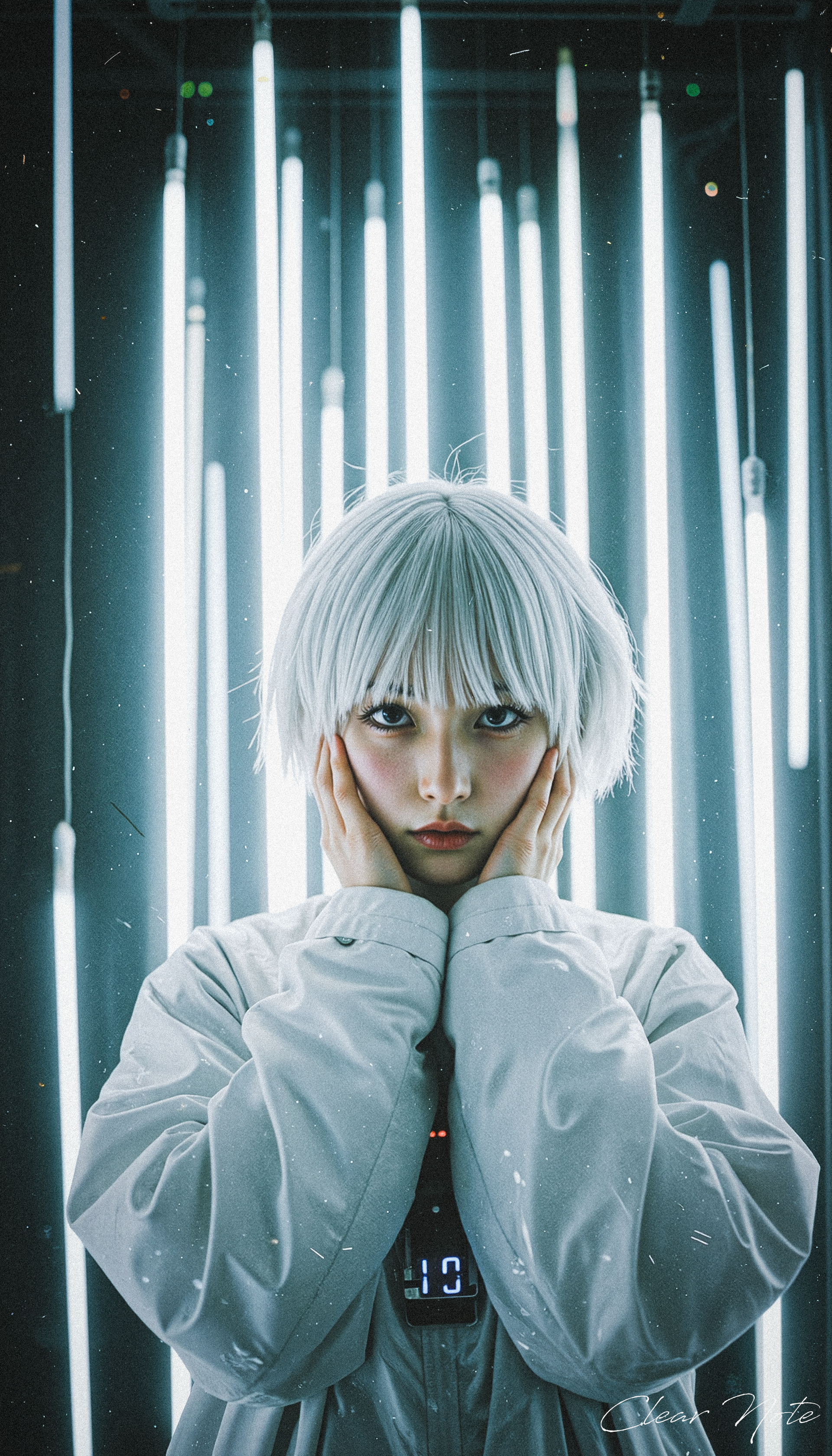 Japanese Culture Style, Emotional Photos, 35mm film, White hair, Messy short hair, Young Japanese Girl, Countless tube lights, Futuristic Fashion, hands in front of face
