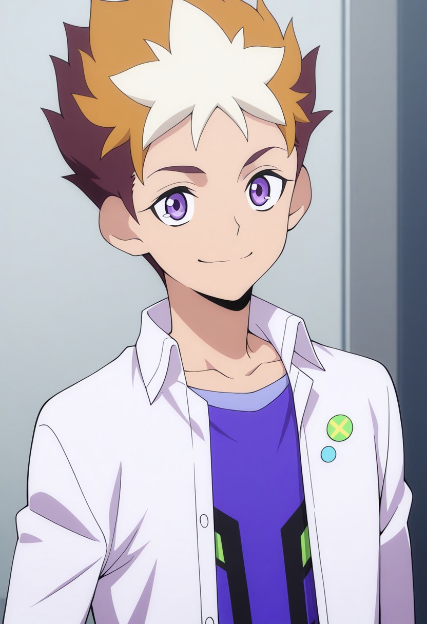 masterpiece,best quality,amazing quality, source_anime,
SubaruMakabe, 1boy, male focus, solo, purple eyes, multicolored hair, brown hair, white hair, collarbone, shirt, purple shirt, white shirt, collared shirt, open shirt, smile,