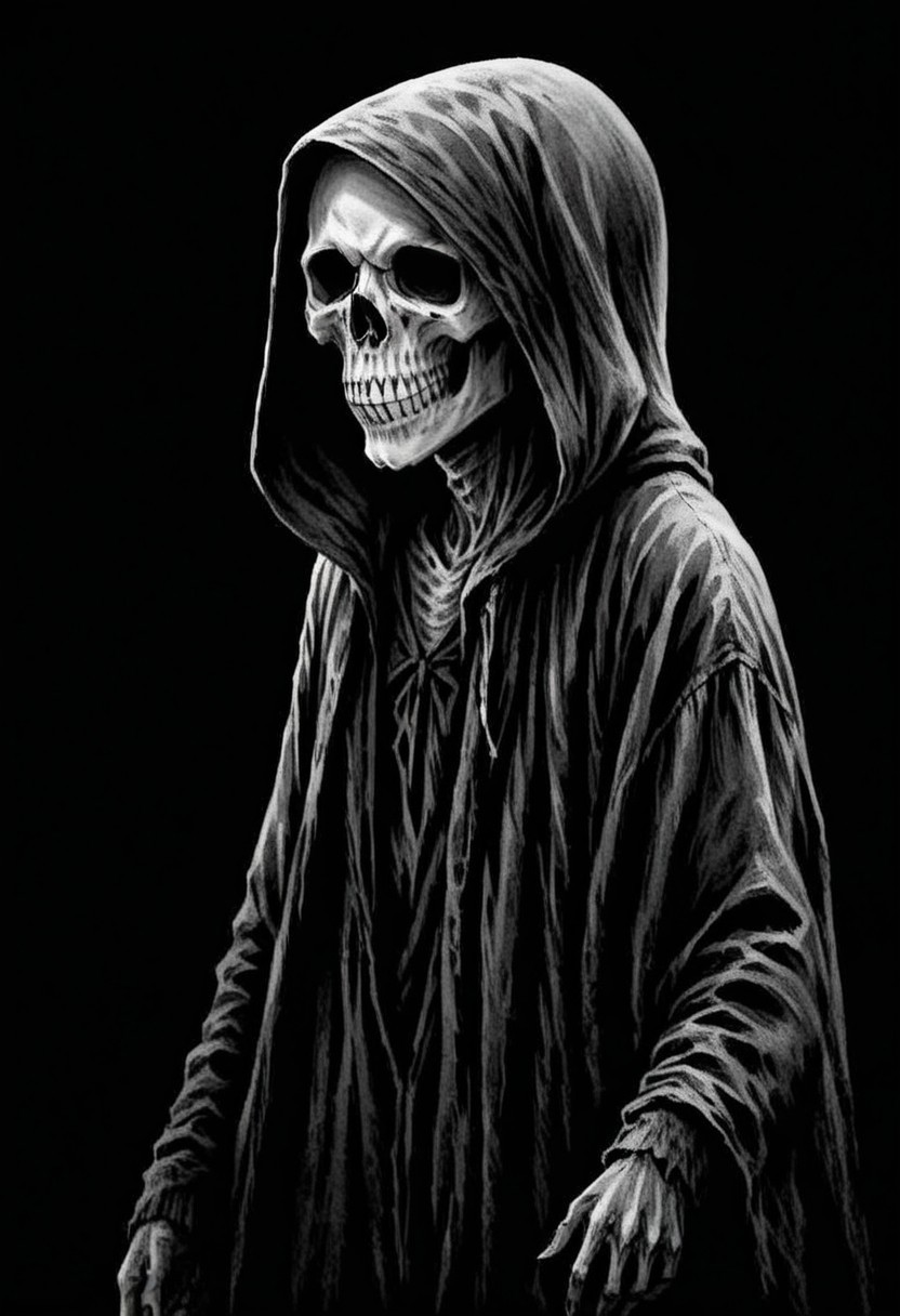 UHD, 4k, ultra detailed, cinematic, a photograph of  
Grim Reaper a person in a hoodie with a skull on his face, horror movie themed, sharp, detailed, epic photography, artistic, creative, dramatic light, cinematic style, film style, Grim Reaper style, solo, simple background, 1boy, monochrome, greyscale, male focus, teeth, hood, from side, profile, mask, black background, hood up, upper body, skull mask
, epic, beautiful lighting, inpsiring