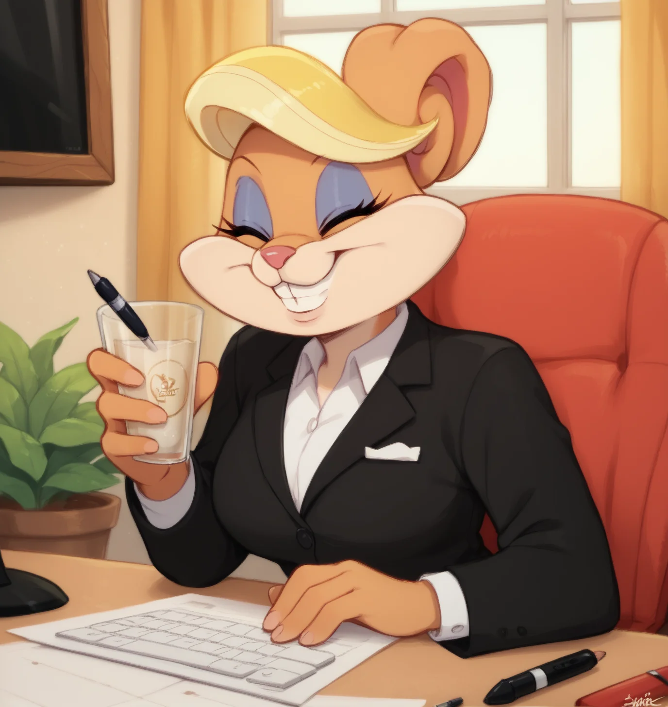 score_9, score_8_up, score_7_up, score_6_up, Detailed Background, BREAK
<lora:Patricia_Bunny_Looney_Tunes_for_PonyXL:0.8>, patriciabunny, furry female, 1girl, blonde hair, smile, jewelry, teeth, BREAK
office, secretary, suit, eyes closed, paperwork, window, monitor, keyboard, pens in cup,
