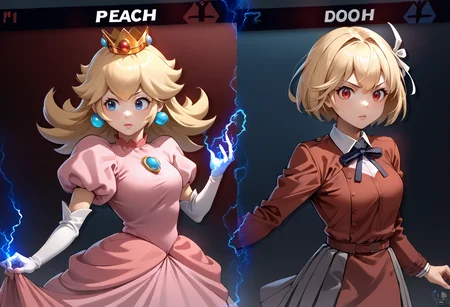 score_9, score_8_up, score_7_up, source_anime, incrsssbuvs, electricity, <lora:SSBUVSScreen_XLPD:0.5>,
BREAK 1girl,  <lora:PrincessPeach_XLPD:0.8>, princess peach, pink dress, elbow gloves, crown,
BREAK 1girl,  <lora:Hoseki_LycorisRecoil_ChisatoNishikigi_PDXL_v1:0.8> chstnshkg, red eyes, short hair, hair ribbon, two-tone dress, pleated dress, red dress, grey dress, neck ribbon, long sleeves, collared shirt,