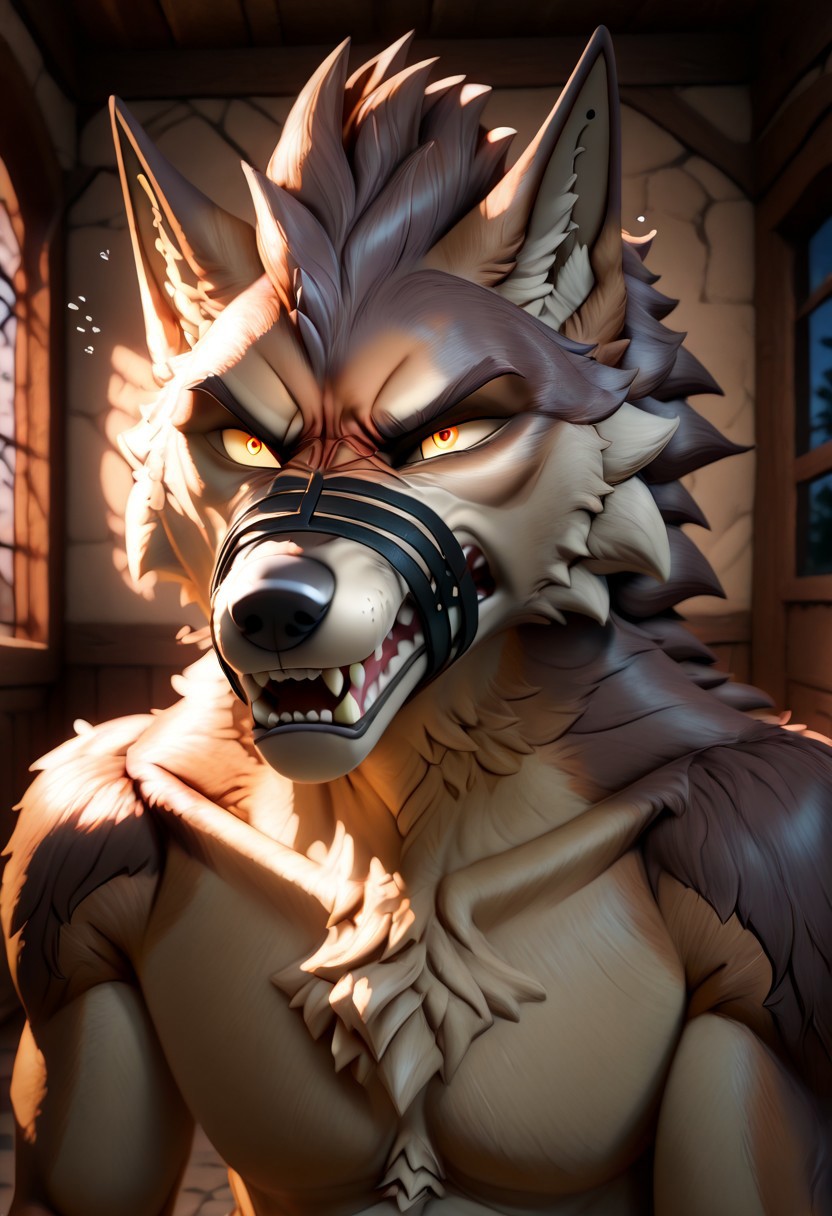 masterpiece, best quality, newest, absurdres, highres, 3d, 3d render, kftenhance, Furry-Muzzle-IL.V1.0, muzzle, furry, 1boy, furry male, werewolf, wolf boy, angry,