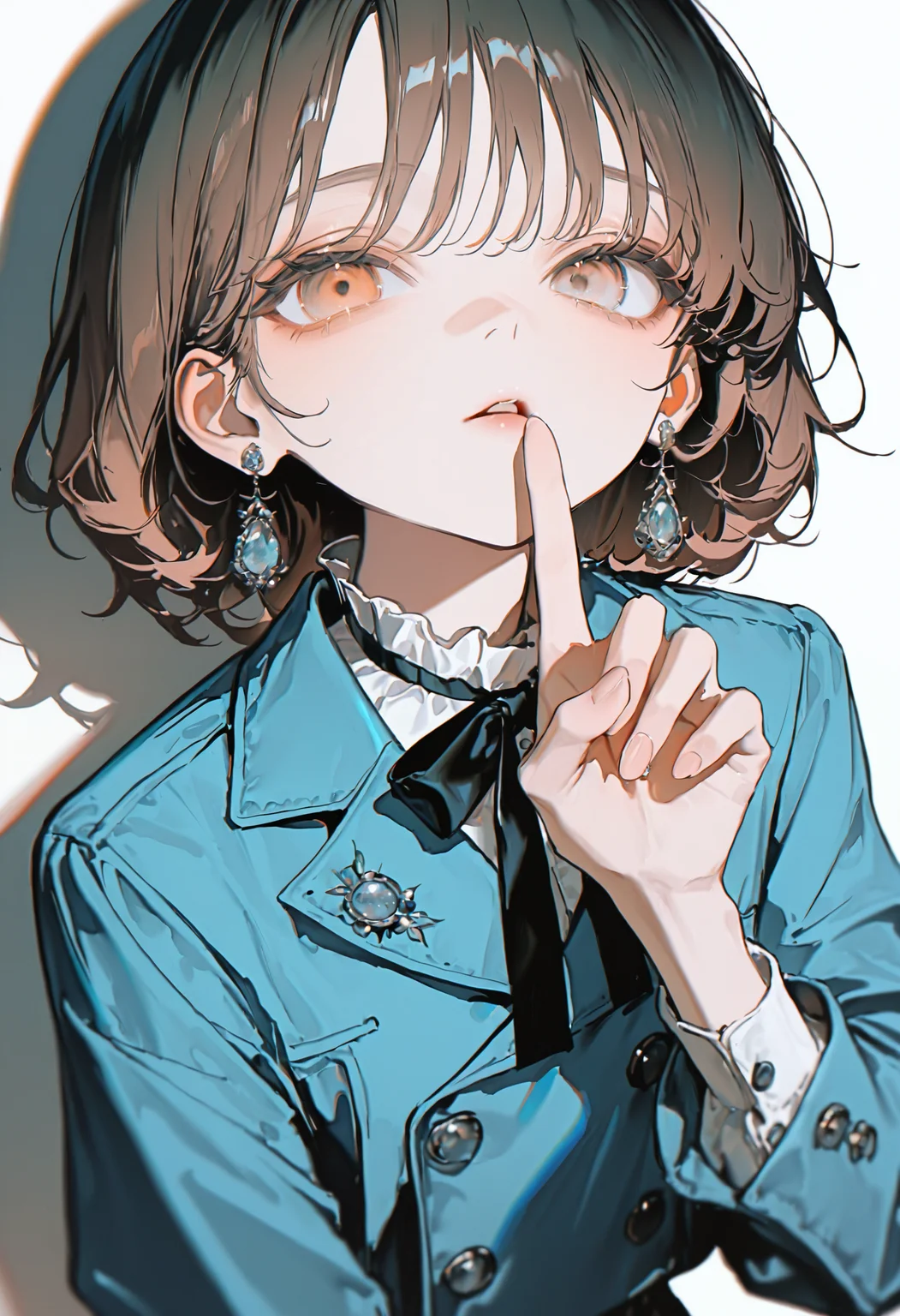 <lora:bmEybWVndV9f-illustriousXL_v01_V2-CAME>, bmEyb, 1girl, solo, shadow, finger to mouth, earrings, heterochromia, looking at viewer, jewelry, parted lips, shushing, medium hair, buttons, black bowtie, upper body, long sleeves, brown hair, white background, blue jacket, bowtie, black bow, bow, simple background, index finger raised, jacket, orange eyes, hand up, fingernails, grey eyes, short hair, brown eyes, double-breasted