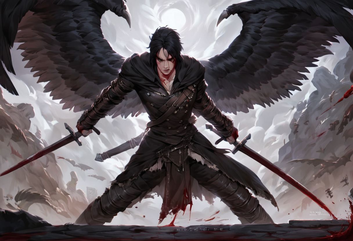 score_9, score_8_up, score_7_up, realistic style, bloodborne, ornate armor, 1boy, man, he him male,ombr black hair parted on the left, (black and red gradient eyes), ((four black wings on his back)), proper clothing suit, ambush, powerful, determined, controlled, contempt, covered in blood, mid-battle, arrows piercing through his wings, bleeding wings, dripping blood, blood spatters, dynamic fight, ((wielding a long great sword)),(hd high quality details), source_anime, realistic oil painting, (((by Magic the Gathering)))