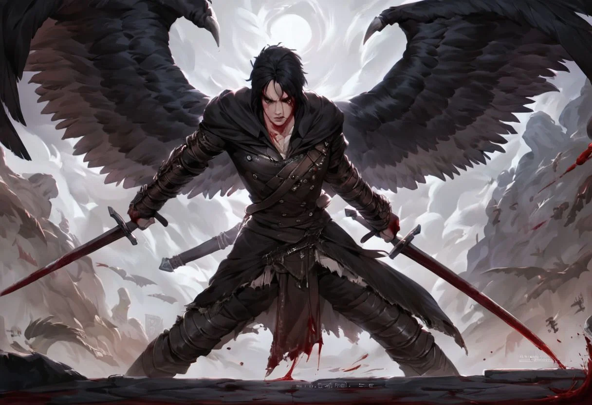 score_9, score_8_up, score_7_up, realistic style, bloodborne, ornate armor, 1boy, man, he him male,ombr black hair parted on the left, (black and red gradient eyes), ((four black wings on his back)), proper clothing suit, ambush, powerful, determined, controlled, contempt, covered in blood, mid-battle, arrows piercing through his wings, bleeding wings, dripping blood, blood spatters, dynamic fight, ((wielding a long great sword)),(hd high quality details), source_anime, realistic oil painting, (((by Magic the Gathering)))