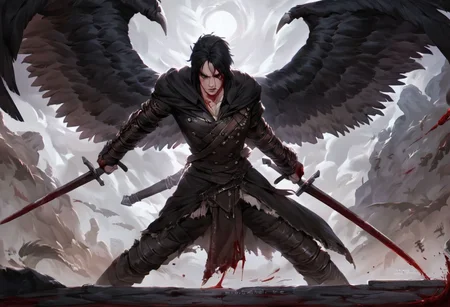 score_9, score_8_up, score_7_up, realistic style, bloodborne, ornate armor, 1boy, man, he him male,ombr black hair parted on the left, (black and red gradient eyes), ((four black wings on his back)), proper clothing suit, ambush, powerful, determined, controlled, contempt, covered in blood, mid-battle, arrows piercing through his wings, bleeding wings, dripping blood, blood spatters, dynamic fight, ((wielding a long great sword)),(hd high quality details), source_anime, realistic oil painting, (((by Magic the Gathering)))