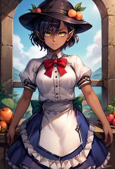 score_9, score_8_up, score_7_up, score_6_up, score_5_up, score_4_up, source_anime, , (best quality) , (highly detailed) , (best quality) , (highly detailed) ,((masterpiece)), ((best quality)), (ultra-detailed), ((extremely detailed)), (high resolution), 4K, (8K), best quality, (beautiful), (dynamic lighting), (super detailed skin), sharp focus, (1_girl, solo focus), shiny skin, masterpiece ,absurdres ,detailed face ,beautiful face ,<lora:lucaKuroinuV1:0.9> LucaKuroinu, short hair, bangs, black hair, medium breasts, yellow eyes, pointy ears, dark skin, hair over one eye, dark-skinned female, dark elf, 
 skirt, shirt, hat, bow, white shirt, short sleeves, boots, frills, food, puffy sleeves, bowtie, apron, puffy short sleeves, blue skirt, black headwear, fruit, leaf, brown footwear, frilled skirt, cross-laced footwear, peach, (rainbow order:1.5)
(portrait, upper body), OverallDetail