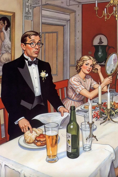 car1ar painting.
A man and a woman seated at a table covered with a white tablecloth. 
The man, on the left, is dressed in a classic black tuxedo with a white bow tie and a white boutonniere on his lapel. He is wearing glasses and holding a piece of paper, looking surprised or confused. His hair is neatly styled. In front of him, there are various items on the table, including a bottle of beer, a plate with food, a glass, and a candle.
The blond woman is fixing her hair while looking at a handheld mirror.
 <lora:car1ar1_cap_d6a3:1.0><lora:825498491305374731:0>