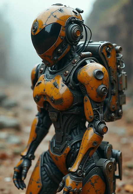 Detailed, masterpiece, professional, bold colors, awe inspiring, photography inspired by Jeremy Mann and Kelly McKernan, 30mm shot, action scene, HDR, female piloting a mecha exoskeleton, detailed mechanisms, fused organic and metal technology, dieselpunk