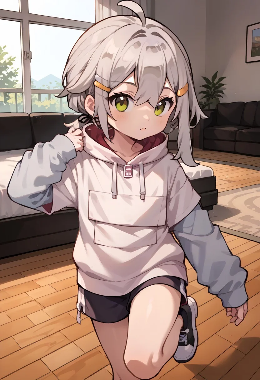 score_9, score_8_up, score_7_up, source_anime, 1boy (GamsterGaming, 1boy, bangs, hair ornament, ahoge, grey hair, hairclip, :3, brown eyes,shorts,long sleeves),(posing),(indoors),(solo:1.9),(chibi style)