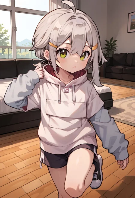 score_9, score_8_up, score_7_up, source_anime, 1boy (GamsterGaming, 1boy, bangs, hair ornament, ahoge, grey hair, hairclip, :3, brown eyes,shorts,long sleeves),(posing),(indoors),(solo:1.9),(chibi style)