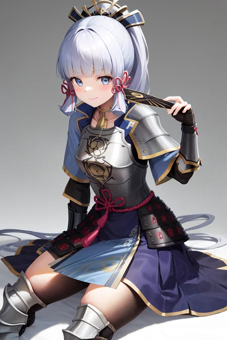 masterpiece, highres, best quality, 1girl solo, kamisato_ayaka, smile, sitting <lora:kamisato_ayaka:1.0>
arm guards, armored dress, black breastplate, japanese armor, (hand fan : 1.6), fingerless gloves
