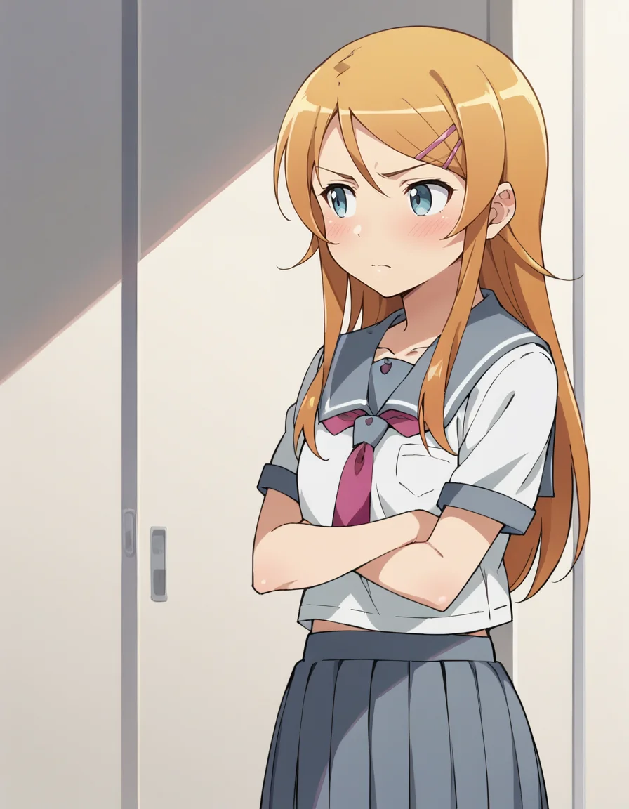 score_9, score_8_up, score_7_up, score_6_up, score_5_up, score_4_up, source_anime, anime screencap, BREAK 1girl, solo, upper body, crossed arms, blush, closed mouth, looking away,
<lora:Kousaka_Kirino_Pony:1> kousaka_kirino, orange hair, long hair, blue eyes, hairclip, kirino_school, serafuku, school uniform, white shirt, grey sailor collar, short sleeves, neckerchief, grey skirt, pleated skirt,