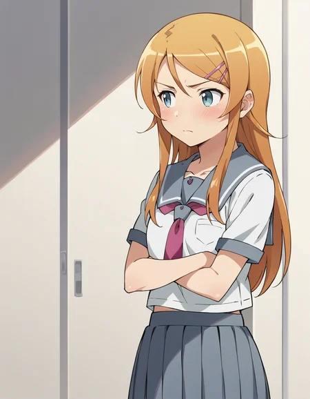 score_9, score_8_up, score_7_up, score_6_up, score_5_up, score_4_up, source_anime, anime screencap, BREAK 1girl, solo, upper body, crossed arms, blush, closed mouth, looking away, 
 <lora:Kousaka_Kirino_Pony:1> kousaka_kirino, orange hair, long hair, blue eyes, hairclip, kirino_school, serafuku, school uniform, white shirt, grey sailor collar, short sleeves, neckerchief, grey skirt, pleated skirt,