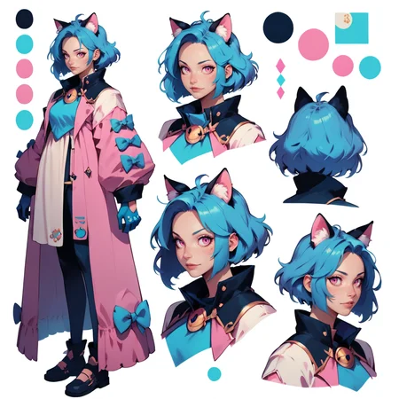 score_9, score_8_up, score_7_up, (CharacterSheet:1), cat girl, big fluffy coat, cat ears, pink eyes, blue hair, puffy gloves, simple black background, dynamic pose, sexy, reference sheet, (full body, from side, front:1.1), upper body, cartoon,
<lora:XLPCharacterDesign_Concept:0.7> CharacterDesignXL