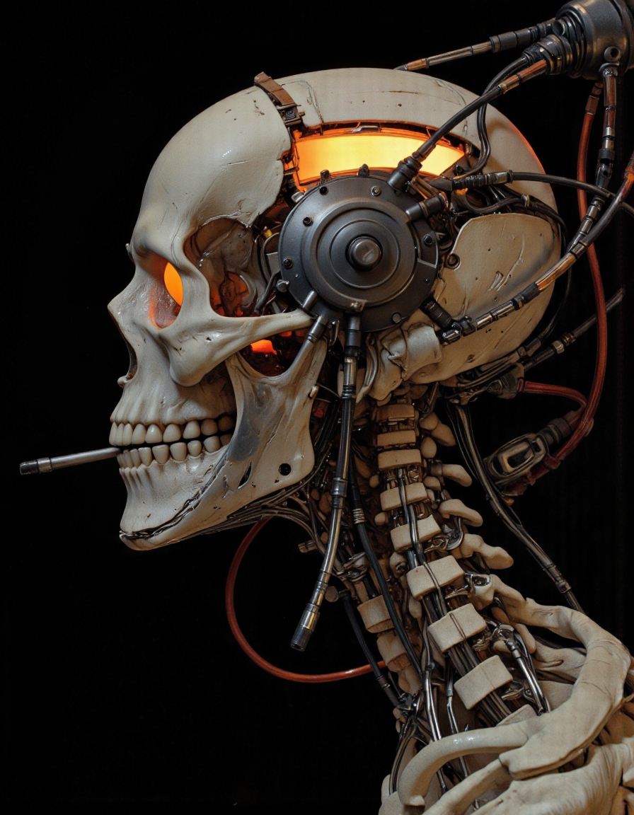 Solo, teeth, black_background, 1other, science_fiction, cable, skeleton, mechanical_parts, tube, spine, solo, teeth, glowing, science_fiction, skull, cable, tube.