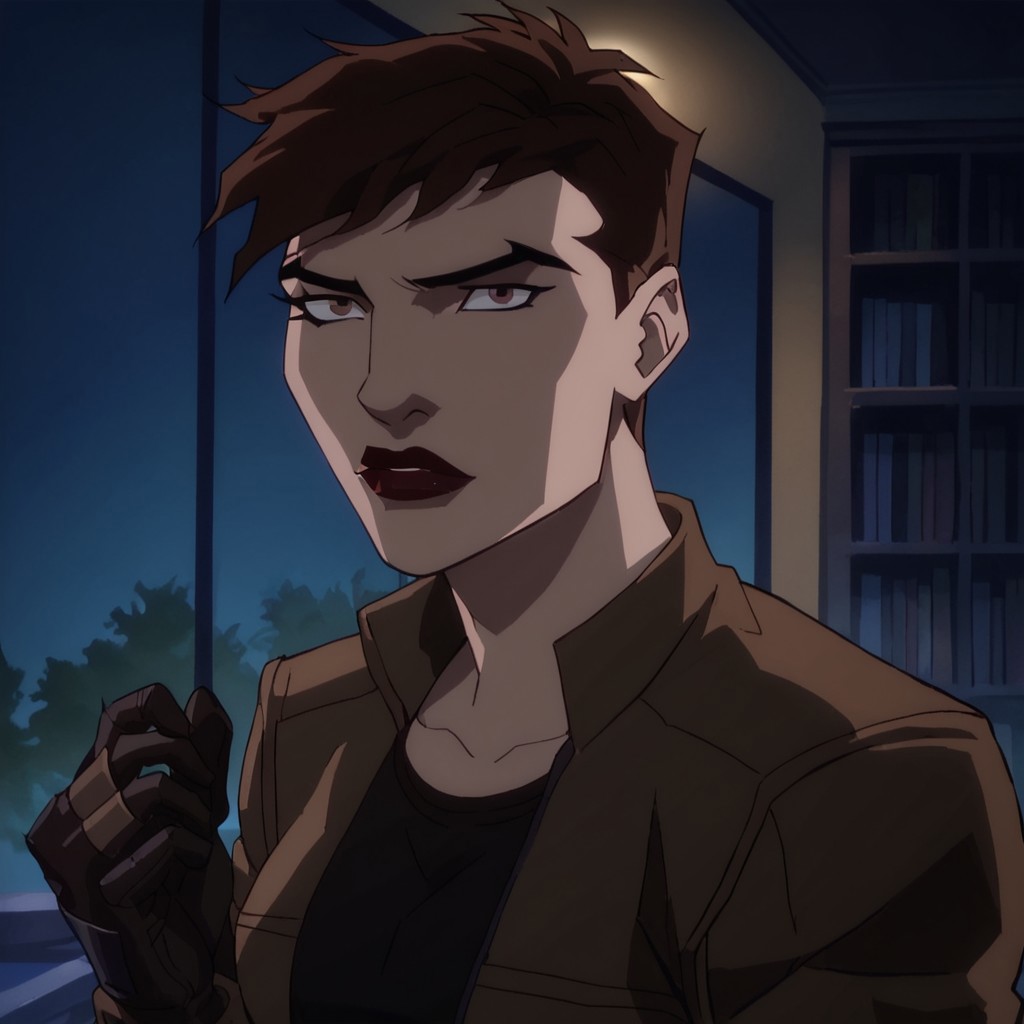 score_9, score_8_up, score_7_up, 1girl, solo, lipstick, brown hair, short hair, brown eyes, breast, black shirt, brown jacket, gloves, Scandal Savage (dc), looking at viewer, indoors, night,