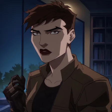 score_9, score_8_up, score_7_up, 1girl, solo, lipstick, brown hair, short hair, brown eyes, breast, black shirt, brown jacket, gloves, Scandal Savage (dc), looking at viewer, indoors, night,