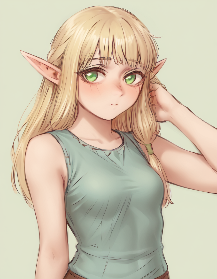 <lora:Shpo_test:1>shpo, 1girl, blonde hair, elf, pointy ears, green eyes, sleeveless shirt, shy, looking to the side, one hand in hair , simple background