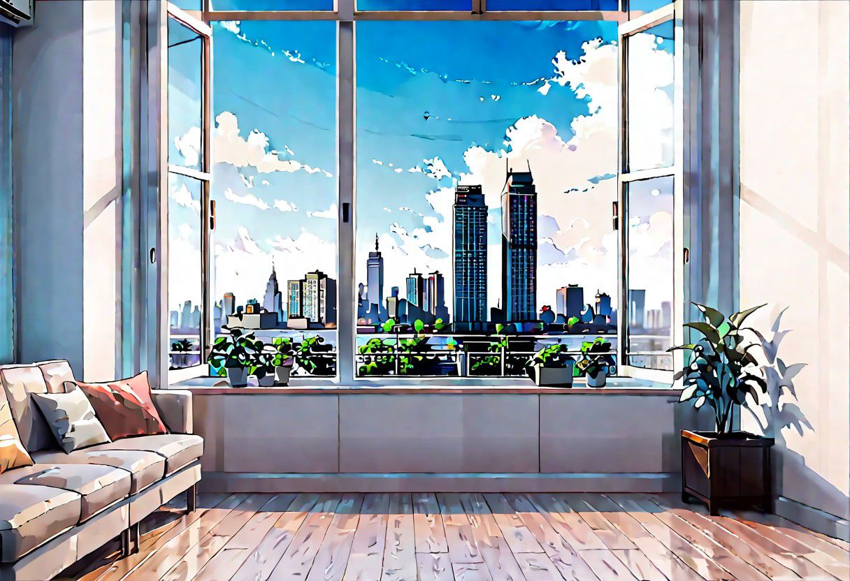 ((((front view)))), Shallow scene, ((animation style)), (((City high-rise building scenery))), ((((City scenery outside the window)))), (Facing the window), (open window), modern-style interior, Wooden floor, with white walls, (large windows), a living room, sofa and coffee table by the window sill, (The sofa is placed horizontally with its back against the window sill), noon, clear sky, low saturation