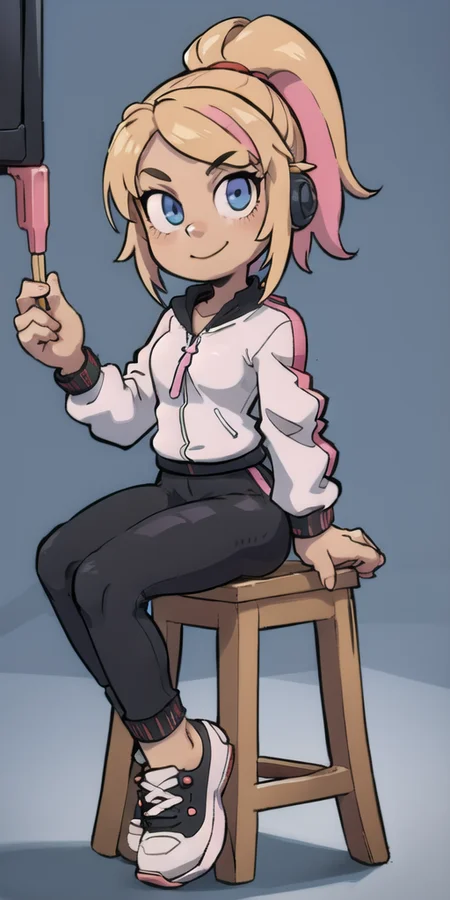 1girl, <lora:TFMToonWorld:1> on an arcade with a quarter in her hand, smiling, black leggings, bomber jacket, gamer headset, sitting on a stool, pictures on the wall, lava lamps, pizza, white shoes, GameGirl blonde ponytail with pink streak highlights, <lora:GameGirl:0.4>