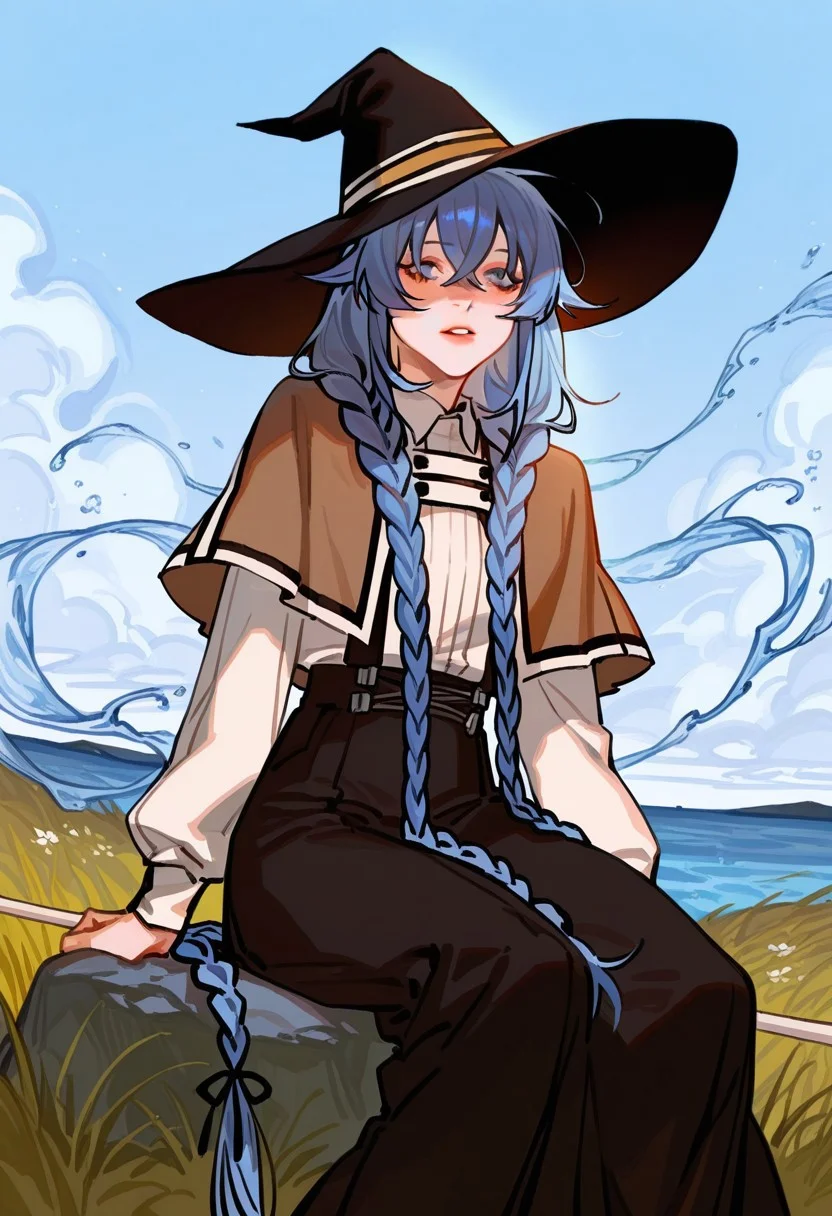 best quality, detailed face, detailed eyes, , ,
by kp, wwdenslow
masterpiece, best quality, very aesthetic, absurdres, safe, best_quality, detailed, masterpiece, very_aesthetic, absurdres, rating:safe, modare, qiandaiyiyu
BREAK
by luoman19921, by nishikujic, kawacy, , by chengongzi123, bbybluemochi, mulihaohao,
\
1girl, roxy migurdia, mushoku tensei, hxxg, black hat, blue eyes, blue hair, braid, brown capelet, capelet, cloud, from below, grass, hat, hydrokinesis, long braid, long sleeves, looking at viewer, mage staff, parted lips, shirt, sitting, sky, solo, staff, water, white shirt, witch hat, black skirt, day, holding, holding staff, very long hair, blue sky, skirt, outdoors, long hair, crossed bangs, feet out of frame, twin braids A young girl with long blue hair and a black witch hat. she is sitting on the ground in front of a large rock formation, which appears to be made up of different shades of green and brown. the background is filled with trees and bushes, and there are small white flowers scattered around her. the overall mood of the image is peaceful and serene,