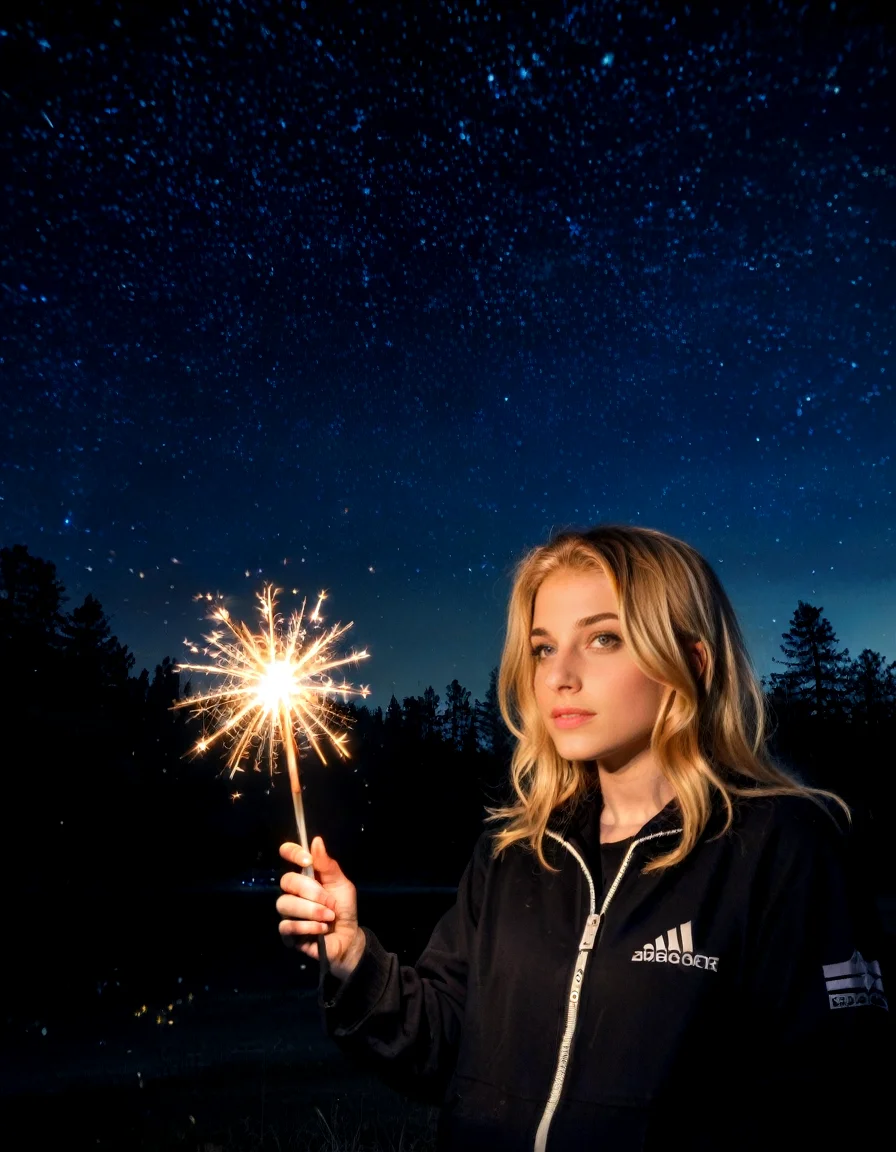 <lora:Starry_Scene:0.87> starryscene, outdoors, sky, night sky, star (sky), night time, midnight, noise offset, darkness, dark, night time, light particles, sparkler, black background, (real life, 1girl, blonde, holding sparkler)