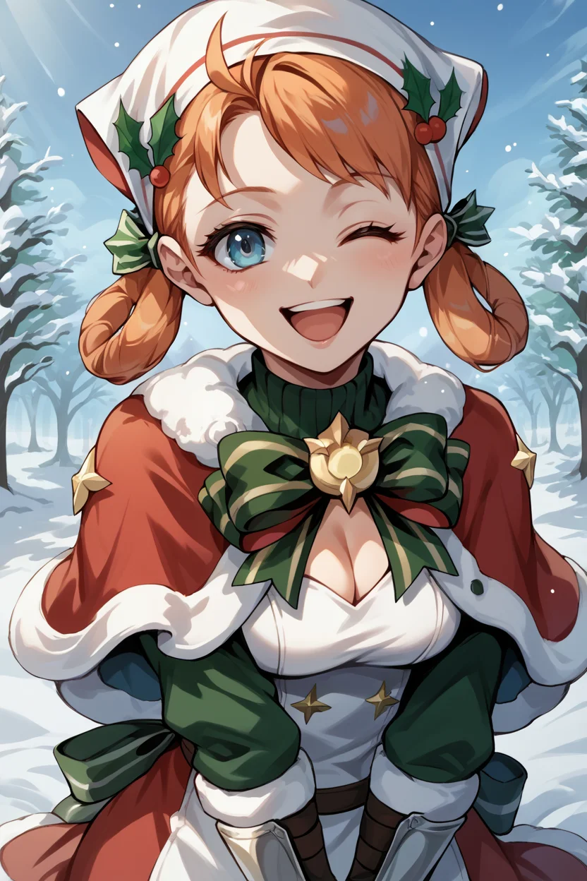 score_9, score_8_up, score_7_up, score_6_up, source_anime, BREAK 1girl, <lora:annette-pdxl-nvwls-v1-000005:1> xmasAnne, hair rings, swept bangs, head scarf, red capelet, fur trim, green bowtie, white dress, cleavage, white and red skirt, vambraces, christmas, wink, happy, open mouth, holding present, looking at you, winter, snow, blue sky