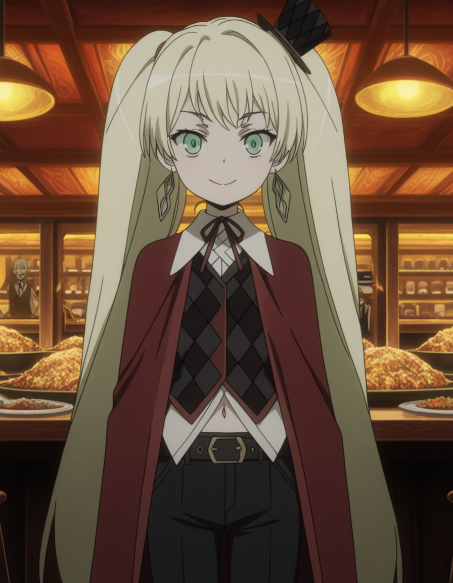 masterpiece, best quality, amazing quality,, <lora:ladylee-tangleroad-movie-illustriousxl-lora-nochekaiser:1>, ladylee tangleroad, long hair, blonde hair, twintails, green eyes, anime screencap, hat, navel, jewelry, earrings, cape, vest, mini hat, top hat, belt, shirt, long sleeves, ribbon, white shirt, collared shirt, pants, neck ribbon, checkered clothes,, smile, restaurant, laughter, good food, warm lighting, celebration, cowboy shot, solo, looking at viewer