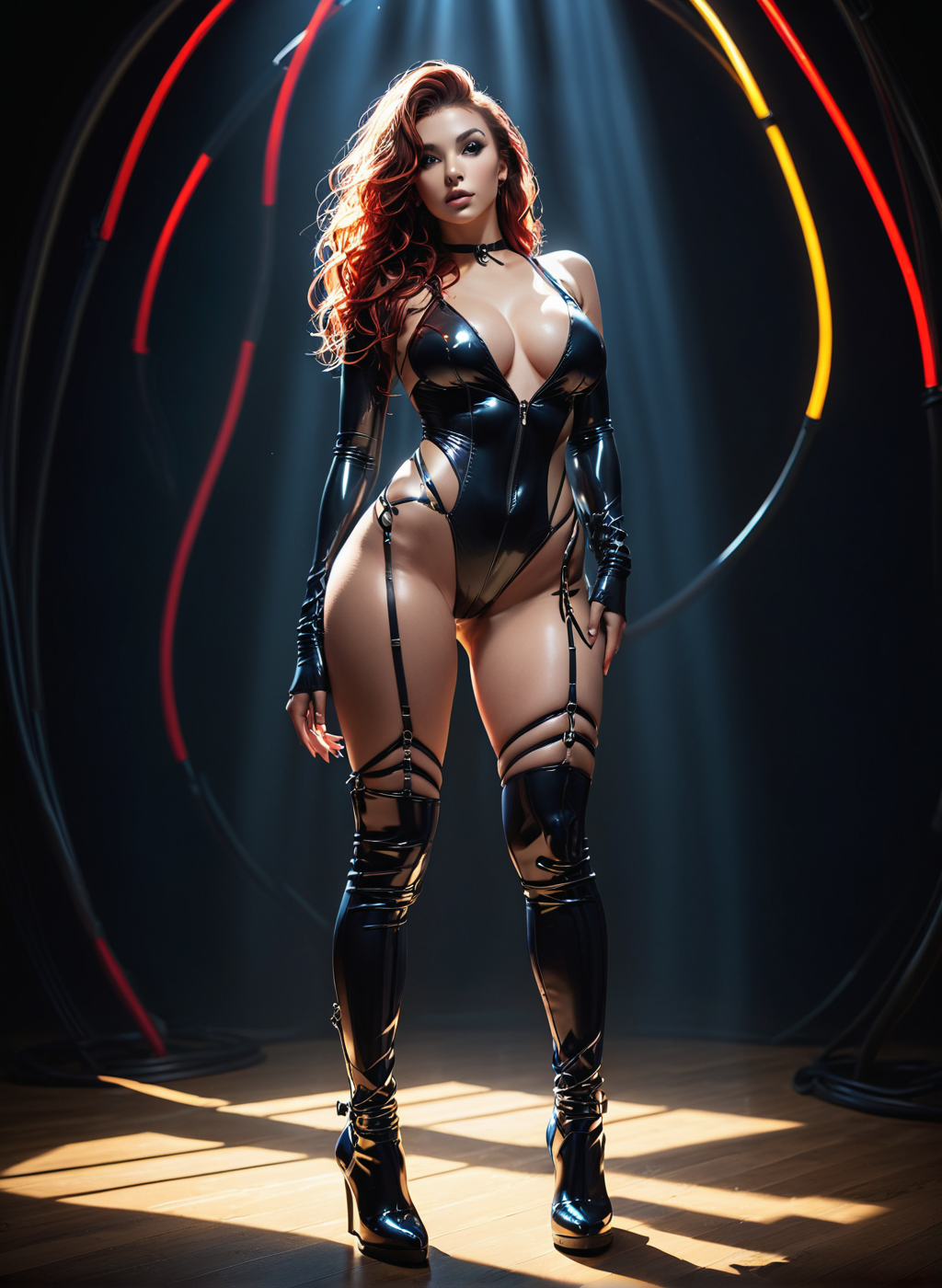Volumetric Lighting, Vibrant Rim Light, 1 Sexy girl hourglass figure, she has huge breasts and wearing Bondage skin tight swimsuit, stockings and Boots, she has shiny skin.  Her hair is flowing in the air, flirting with the viewers. <lora:dress_and_posesV2:0.8>, bright rim light, high contrast, bold edge light, light depth, dramatic atmospheric lighting, Volumetric Lighting