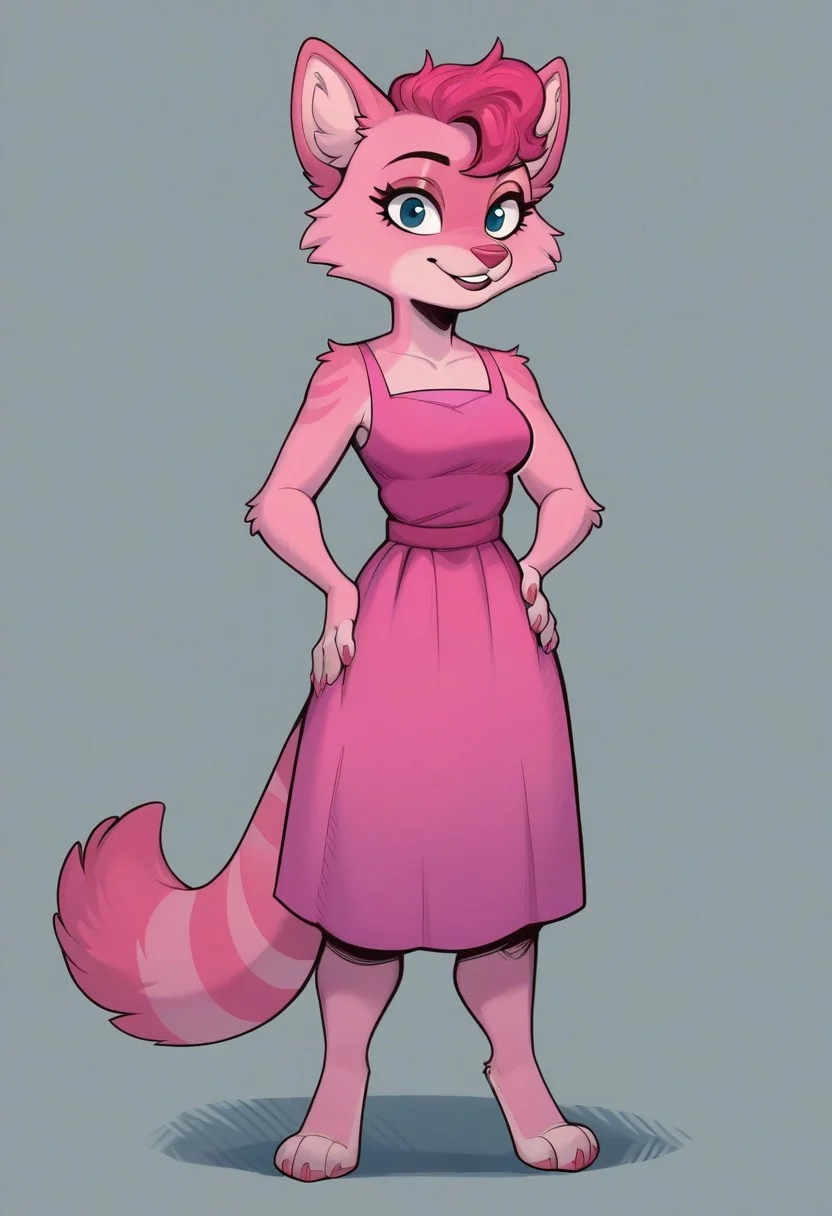 score_9, score_8, score_7,
((solo)), 1girl,score_6_up, source_furry, solo, female, anthro, furry, Sonya, pink fur, curly short hair, striped racoon tail, pink dress, standing, hands on waist,
BREAK, looking at viewer, gray background, full body