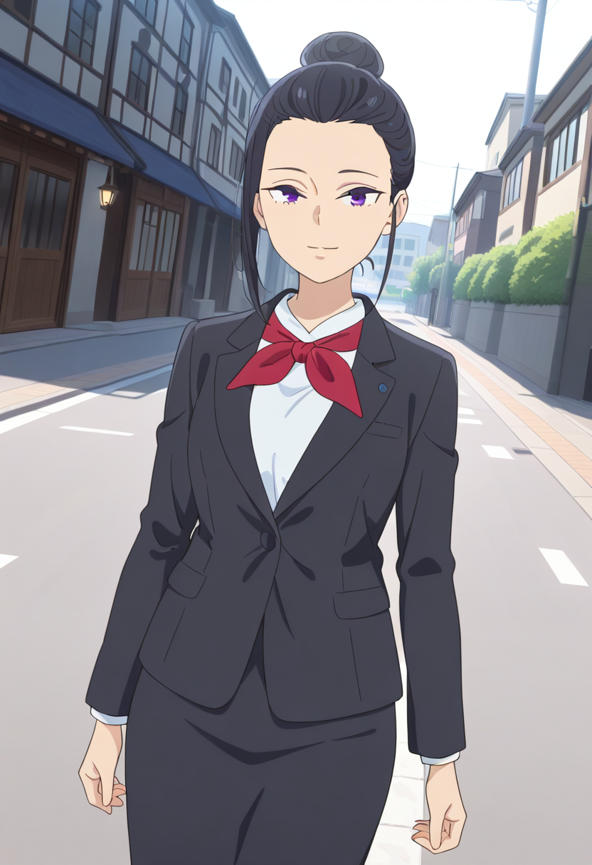 masterpiece,best quality,absurdres,perfect lighting,outdoors,street,day,
*//*,<lora:HealerGirl_RiaKarasuma-Illustrious:1>,ria_karasuma,1girl,solo,black hair,purple eyes,single hair bun,formal,black suit,jacket,long sleeves,pencil skirt,long skirt,red bow,
*//*,looking at viewer,cowboy shot,dutch angle,dynamic pose,light smile,