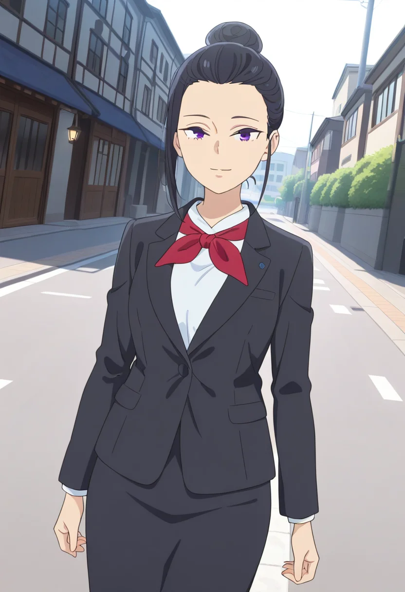 masterpiece,best quality,absurdres,perfect lighting,outdoors,street,day,
*//*,<lora:HealerGirl_RiaKarasuma-Illustrious:1>,ria_karasuma,1girl,solo,black hair,purple eyes,single hair bun,formal,black suit,jacket,long sleeves,pencil skirt,long skirt,red bow,
*//*,looking at viewer,cowboy shot,dutch angle,dynamic pose,light smile,