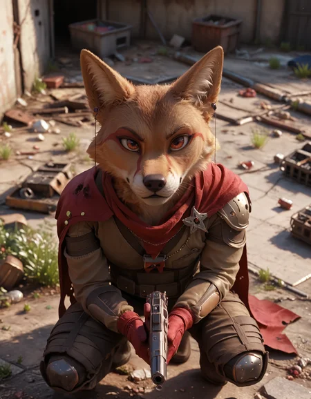 score_9, score_8_up, score_7_up, BREAK rating_safe, detailed, cinematic lighting, hdr, masterpiece, best quality, ultra realistic, 4k, 2k, film photography, RAW photo, photorealistic, analog style, subsurface scattering, photorealism, <lora:add-detail-xl:2.5>, <lora:2.5DRealisticV2.safetensors:0.25>, <lora:sinfully_stylish_SDXL.safetensors:0.6>, <lora:AdvancedEnhancerXLv2.safetensors:0.8>, <lora:<lora:laika_(laika_aged_through_blood)-000010.safetensors:0.9>, solo, anthro, furry, detailed fur, la1ka, coyote, brown body, markings, red eyes, ear piercing, red cape, wasteland, clothed, hold gun, detailed clothing squatting, from above, disgust