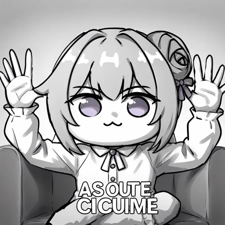 score_9, score_7_up, BREAK, <lora:absolutecinemav1:1>, absolutecinema, english text, hands up, upper body, crossed legs, monochrome, greyscale, <lora:Doro_X_PDXL_V1:1> doro, creature, :3, chibi, pink hair, purple eyes, hair bun, hair bow, white skin, solid circle eyes, no pupils