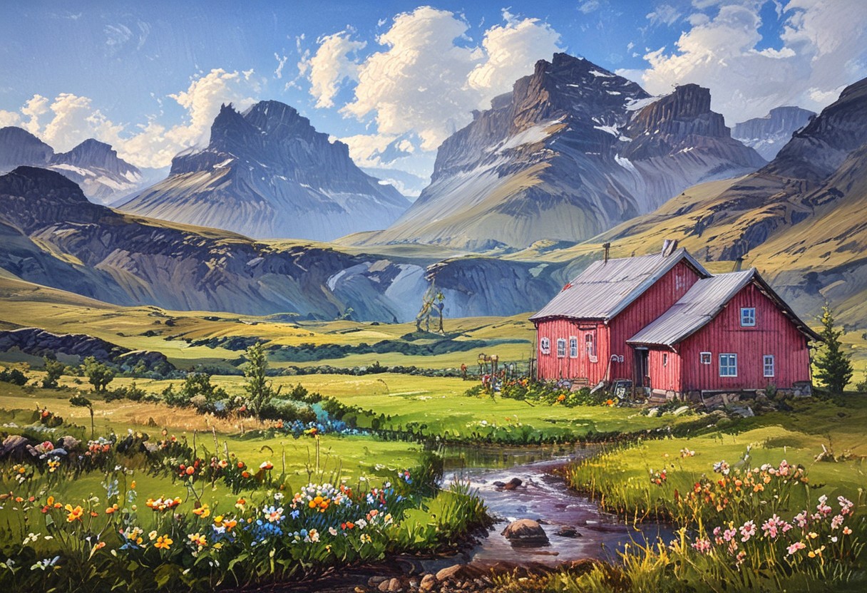 Icelandic landscape scene, steep mountain valley, lush green fields, small lumbermill, simon stalenhag, storm, dark clouds, windswept, stormy weather, complementary colors, ((Highest quality:1.0),(High resolution:1.0), (masterpiece:1.0), (ground level view:0.6, viewer looking up:0.6), beautiful and aesthetic:1.3), extreme detailed, colorful, highest detailed,((ultra-detailed)),(highly detailed CG illustration),,