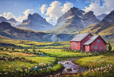Icelandic landscape scene, steep mountain valley, lush green fields, small lumbermill, simon stalenhag, storm, dark clouds, windswept, stormy weather, complementary colors, ((Highest quality:1.0),(High resolution:1.0), (masterpiece:1.0), (ground level view:0.6, viewer looking up:0.6), beautiful and aesthetic:1.3), extreme detailed, colorful, highest detailed,((ultra-detailed)),(highly detailed CG illustration),,