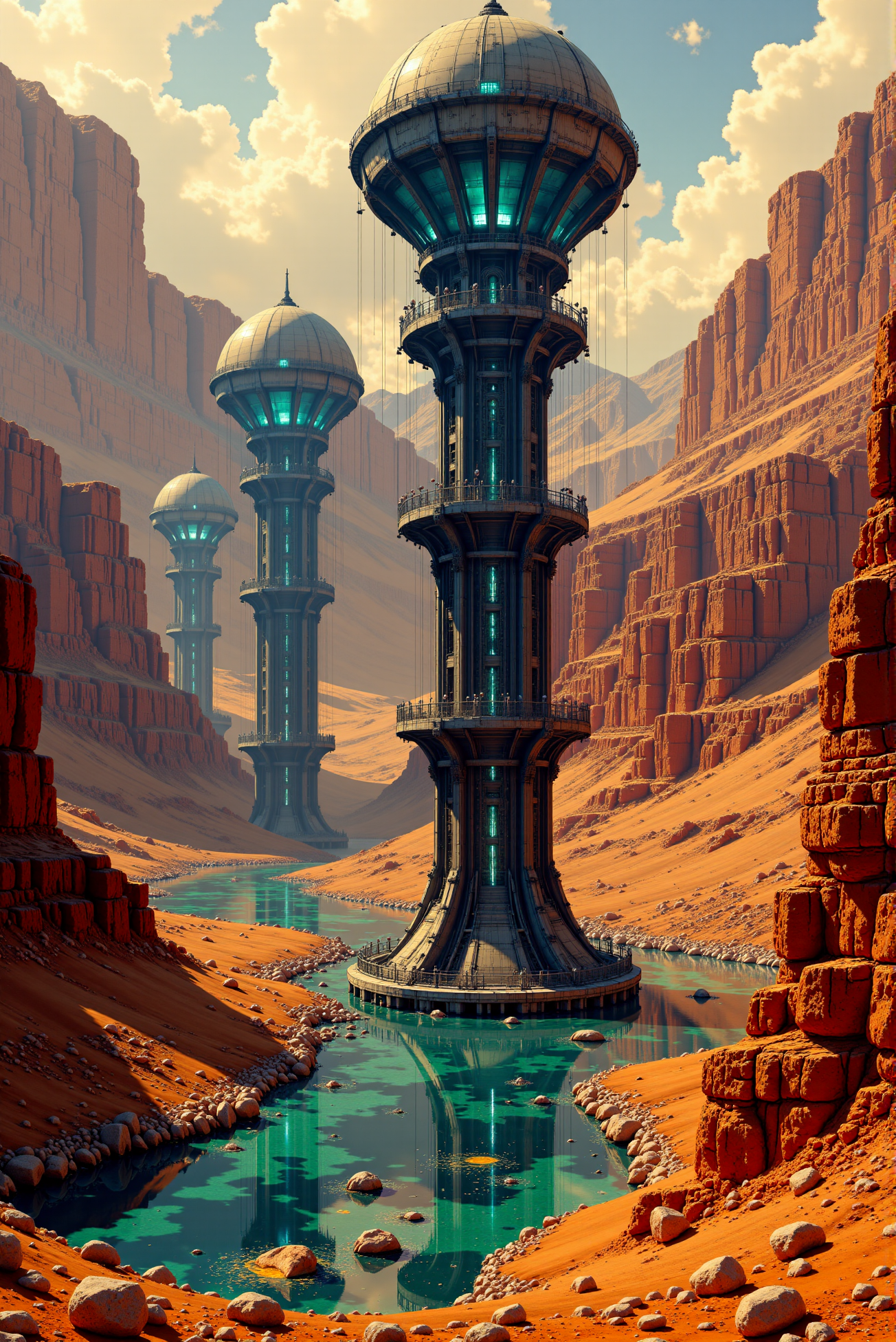 <lora:Legacy_of_the_forerunners_r1:0.8>
Amidst the arid, copper-toned valleys of a distant, wind-carved planet, a towering array of colossal forerunner constructs rises in perfect alignment along the meandering path of an azure river. Each structure stands as a cylindrical megatower anchored deep into the canyon floor, expanding upward into immense spherical domes, their metallic skins intricately paneled and reinforced with radial scaffolding and symbiotic conduits. Suspended from the upper crown of each tower are translucent containment membranes–vast tensile fields held aloft by gravitational tethers and shimmering with internal energy, as if filtering or generating atmospheres within. Embedded within the domes, luminous arrays of sapphire and cyan energy pulse rhythmically, illuminating the interiors with a cosmic glow reminiscent of stellar nurseries. Vertical light shafts beam downward through reinforced core spines, linking multiple levels of the facility in a continuous cycle of function and resonance.The lower levels bristle with reinforced access nodes, maintenance balconies, and data port rings, glowing with orange and teal emissions, suggesting ongoing power circulation. Delicate sky-bridges and tension lines stretch between towers, adding a visual network of connective thought, as though the entire field operates in harmonic unison. The surrounding terrain is painted in richly saturated ochres and deep shadows, rendered with photorealistic terrain texturing and a soft, almost painterly atmospheric gradient, while the sky above breaks into layered clouds, tinged by an approaching dusk. The visual style fuses high-fidelity science fiction concept art with precision architectural linework and saturated dynamic lighting, evoking the aura of advanced terraforming stations or planetary-scale atmospheric processors–machines so vast and ancient they are now indistinguishable from the planetary systems they regulate.