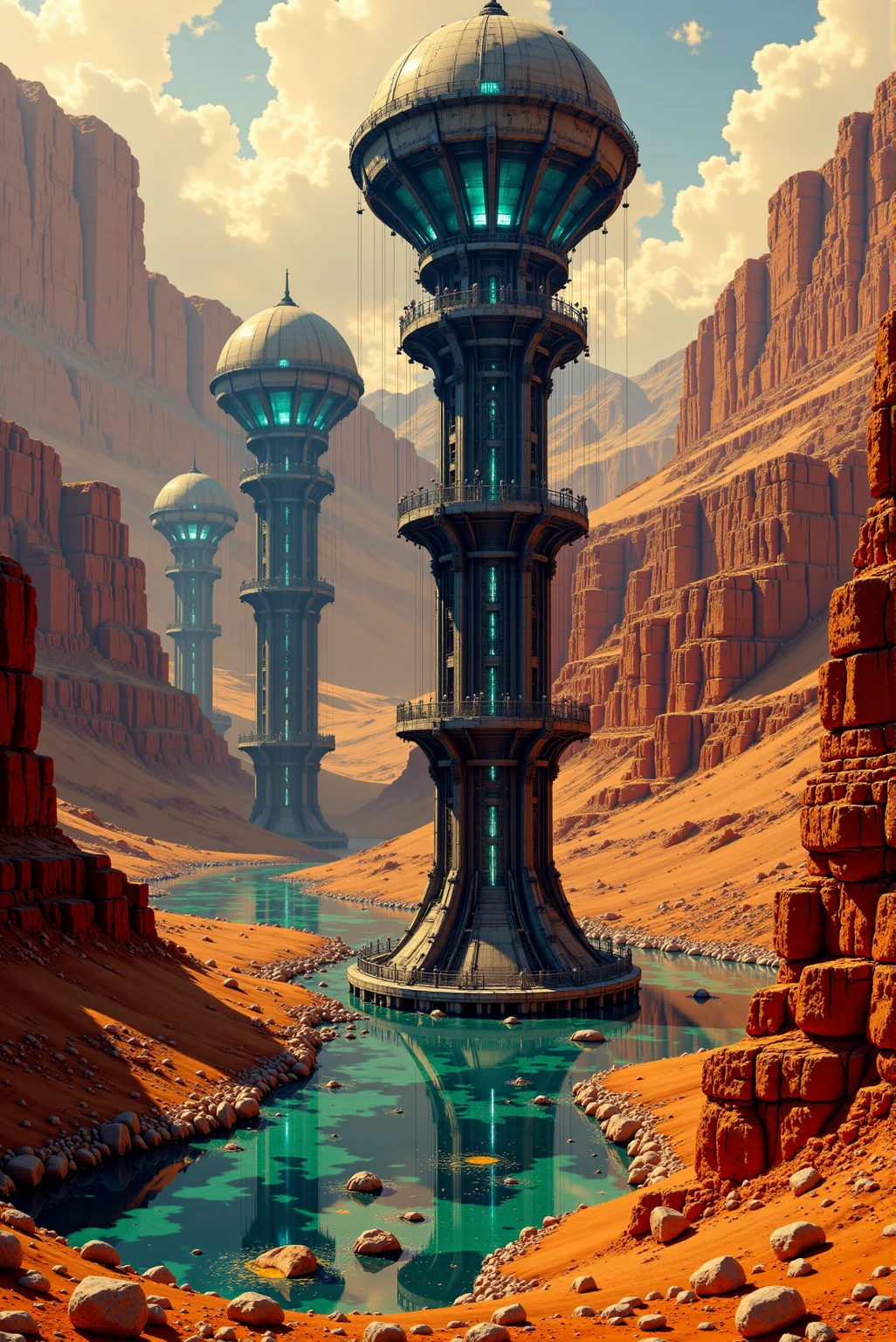 <lora:Legacy_of_the_forerunners_r1:0.8>
Amidst the arid, copper-toned valleys of a distant, wind-carved planet, a towering array of colossal forerunner constructs rises in perfect alignment along the meandering path of an azure river. Each structure stands as a cylindrical megatower anchored deep into the canyon floor, expanding upward into immense spherical domes, their metallic skins intricately paneled and reinforced with radial scaffolding and symbiotic conduits. Suspended from the upper crown of each tower are translucent containment membranes–vast tensile fields held aloft by gravitational tethers and shimmering with internal energy, as if filtering or generating atmospheres within. Embedded within the domes, luminous arrays of sapphire and cyan energy pulse rhythmically, illuminating the interiors with a cosmic glow reminiscent of stellar nurseries. Vertical light shafts beam downward through reinforced core spines, linking multiple levels of the facility in a continuous cycle of function and resonance.The lower levels bristle with reinforced access nodes, maintenance balconies, and data port rings, glowing with orange and teal emissions, suggesting ongoing power circulation. Delicate sky-bridges and tension lines stretch between towers, adding a visual network of connective thought, as though the entire field operates in harmonic unison. The surrounding terrain is painted in richly saturated ochres and deep shadows, rendered with photorealistic terrain texturing and a soft, almost painterly atmospheric gradient, while the sky above breaks into layered clouds, tinged by an approaching dusk. The visual style fuses high-fidelity science fiction concept art with precision architectural linework and saturated dynamic lighting, evoking the aura of advanced terraforming stations or planetary-scale atmospheric processors–machines so vast and ancient they are now indistinguishable from the planetary systems they regulate.