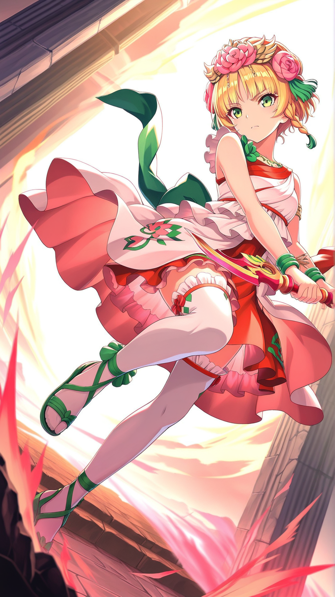 source_anime, general, best quality, masterpiece,  <lora:Urpina_ill_v1.0:1> urpina\(scarlet grace\),blonde hair,green eyes, hair flower, short hair,braid,hair ornament, dress, flower, jewelry,  bare shoulders, frills, bracelet, green footwear, dual wielding, shoes, sandals, thighhighs, serious,  dynamic pose,  dutch angle,