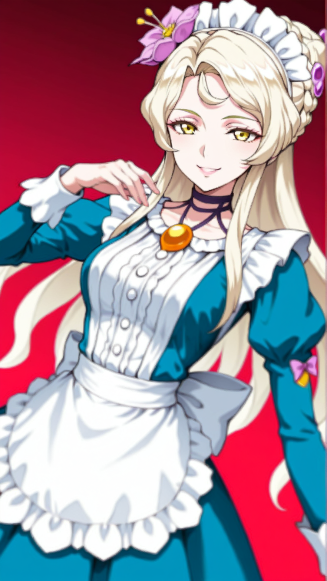 source_anime, general, best quality, masterpiece, 1girl,  <lora:Sasha_ill_v1.0:1> sasha\(scarlet grace\),yellow eyes, long hair, blonde hair,white hair,hair ornament, hair flower, maid, maid headdress, maid apron, dynamic pose, dutch angle,happy, seductive smile,   cowboy shot,