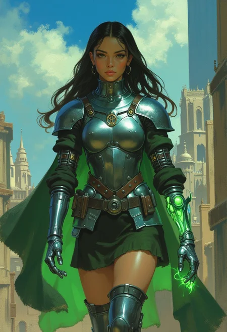 Frank Frazetta fantasy oil painting of beautiful young cyberpunk knight in medieval breastplate, glowing prosthetic, close up portrait of woman with a glowing green prosthetic arm and hand, she is walking through a city