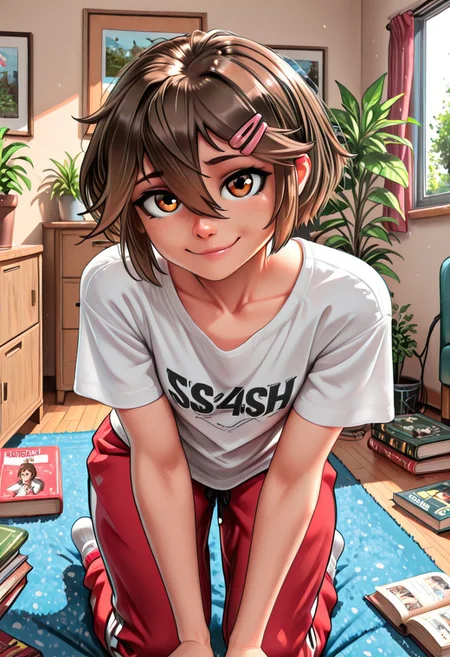 high quality, S4sh4,1girl,solo,short hair,brown hair,hairclip,hair between eyes,brown hair,bangs,, inquisitive, looking at viewer, cute, smile, eager, adorable, white shirt, track pants, white socks, indoors, home, apartment, books, house plant, feminine, sensual, modern, amateur