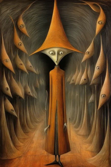 <lora:Remedios Varo Style:1>Remedios Varo Style - ideas of paintings with a retrofuturistic expressionist style inspired