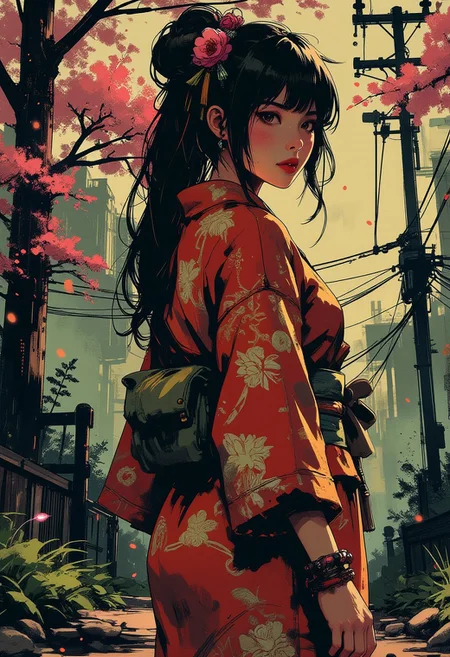 Mh1$AgThS2, intricate linework with expressive contrasts, soft lighting with dynamic highlights, A digital artwork in the style of cknc, image of a Japanese woman in a silk red and gold kimono, long hair, bangs, sakura flower in her hair, walking along a wooded trail, turning her head to look back at the viewer