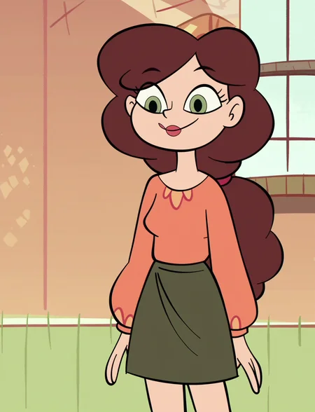 score_9, score_8_up, score_7_up, score_6_up, score_5_up, 1girl, <lora:SVTFOE_Diaz_Family:1> angie diaz, standing, smile, green eyes, lipstick, green skirt, svtfoe style,
orange background,