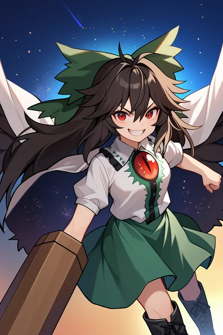 score_9, score_8_up, solo, blue sky, particles, sun, floating, midair, arm cannon, control rod
BREAK
1girl, reiuji utsuho, black hair, long hair, hair bow, red eyes, third eye, (black wings, starry sky print cape), white shirt, boots, green skirt, determined smile, looking at viewer
 <lora:char-utsuho-pony-2:1>