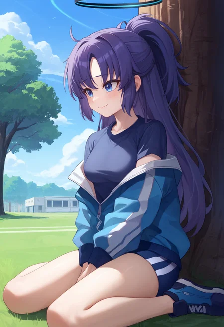 zPDXL, 1girl, solo, BREAK
hayase yuuka, ponytail, gym uniform, halo, open jacket,
wariza, w sitting,
outdoors, tree, blue sky,
<lora:yuuka-ponyxl-kohya3:0.8> <lora:Wariza__Concept_Lora:0.8>
