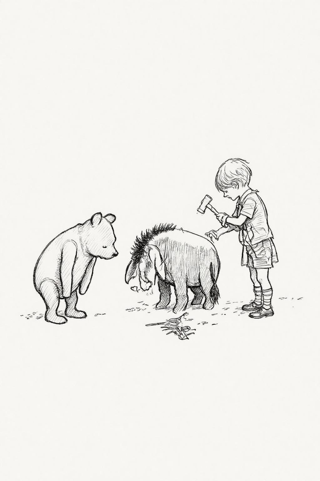 ehshep1 sketch. 
The drawing features a young boy and two anthropomorphic animals . On the left, Winnie-the-Pooh, stands on its hind legs with a curious expression, looking down at the ground. On the right is a young boy holding a hammer, trying to fix Eeyore. <lora:ehshep2_cap_d6a3e12:1.0><lora:825897412162981187:0>
