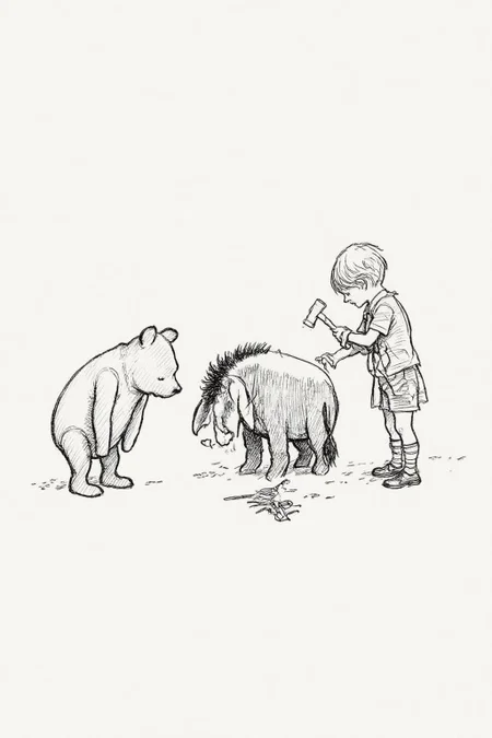 ehshep1 sketch.
The drawing features a young boy and two anthropomorphic animals . On the left, Winnie-the-Pooh, stands on its hind legs with a curious expression, looking down at the ground. On the right is a young boy holding a hammer, trying to fix Eeyore. <lora:ehshep2_cap_d6a3e12:1.0><lora:825897412162981187:0>